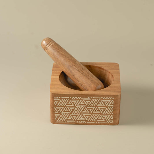 Trikona Okhli - Engraved wooden mortar pestle set | Triangle design