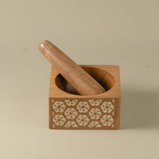 Phulkari Okhli - Engraved wooden mortar pestle set | Flower design