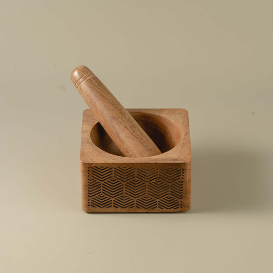 Okhli - Engraved wooden mortar pestle set | Hexagon design