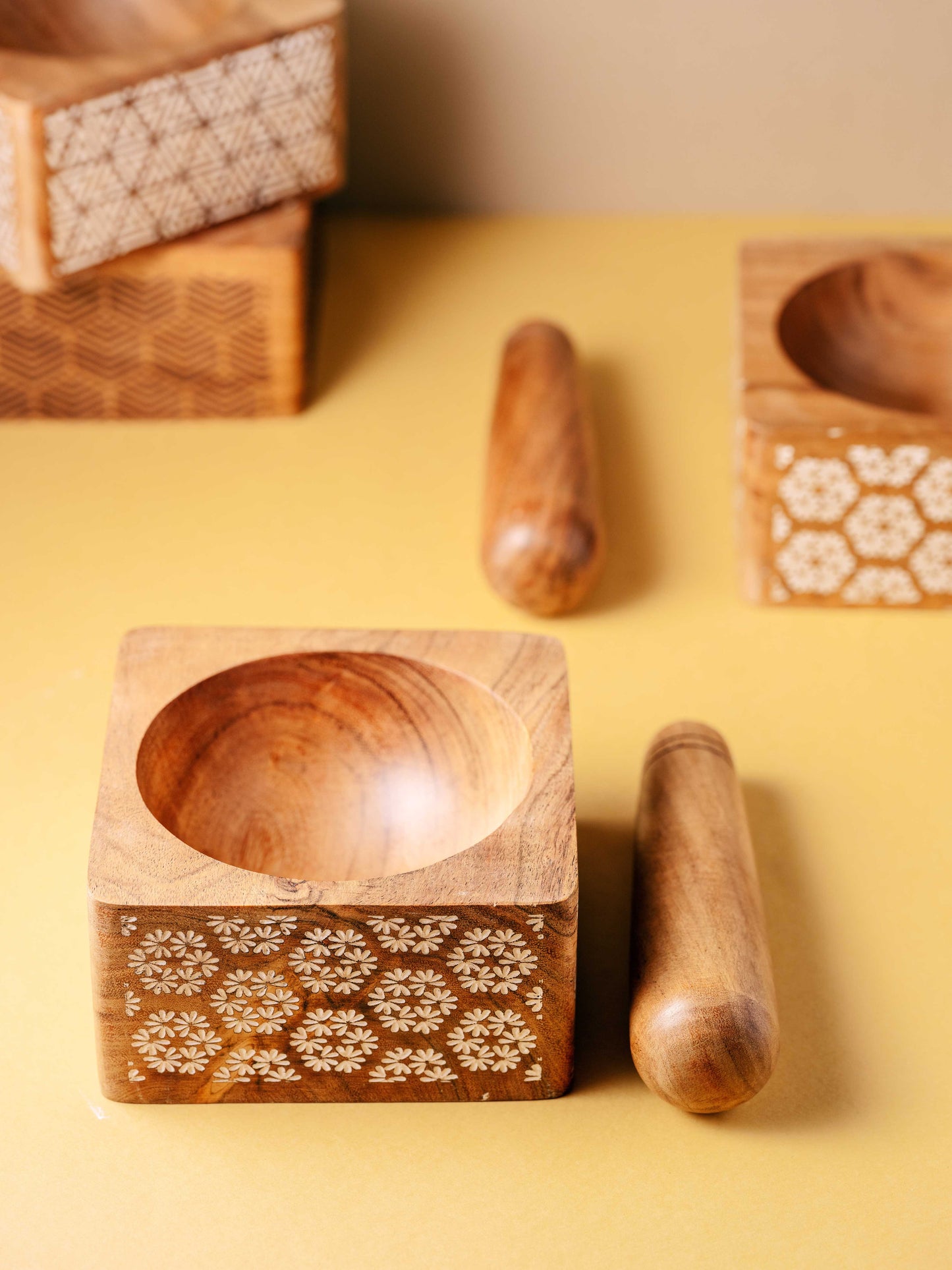 Phulkari Okhli - Engraved wooden mortar pestle set | Flower design