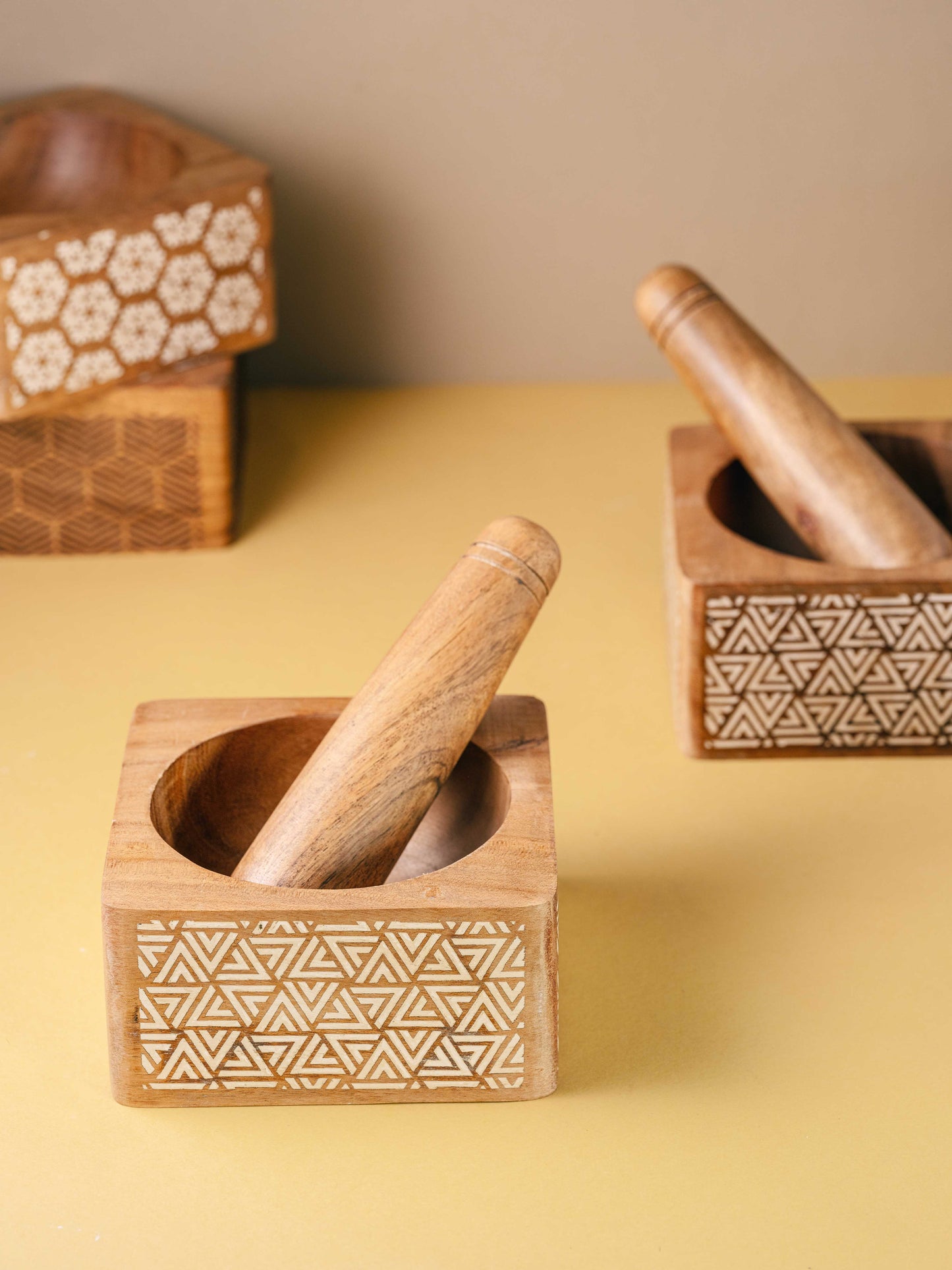 Trikona Okhli - Engraved wooden mortar pestle set | Triangle design